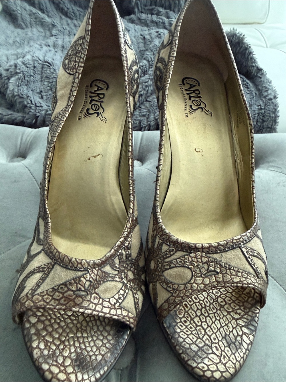 Carlos Santana Beige Suede Snakeskin Open-Toe Pumps